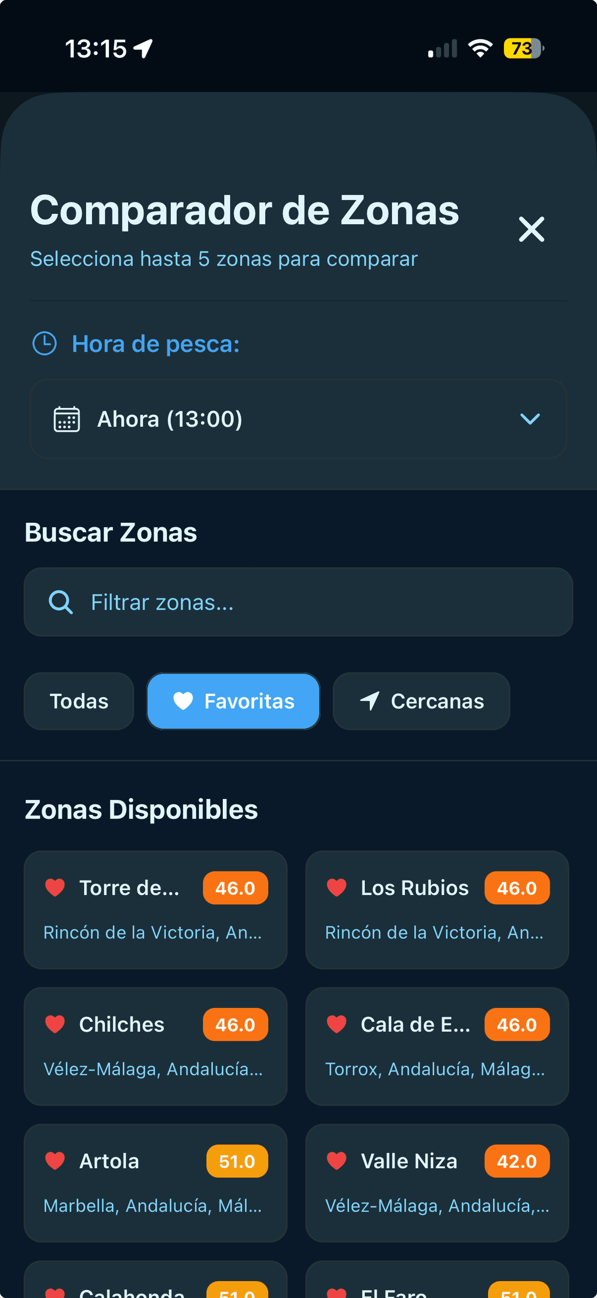 Mareas y condiciones en RadarFish